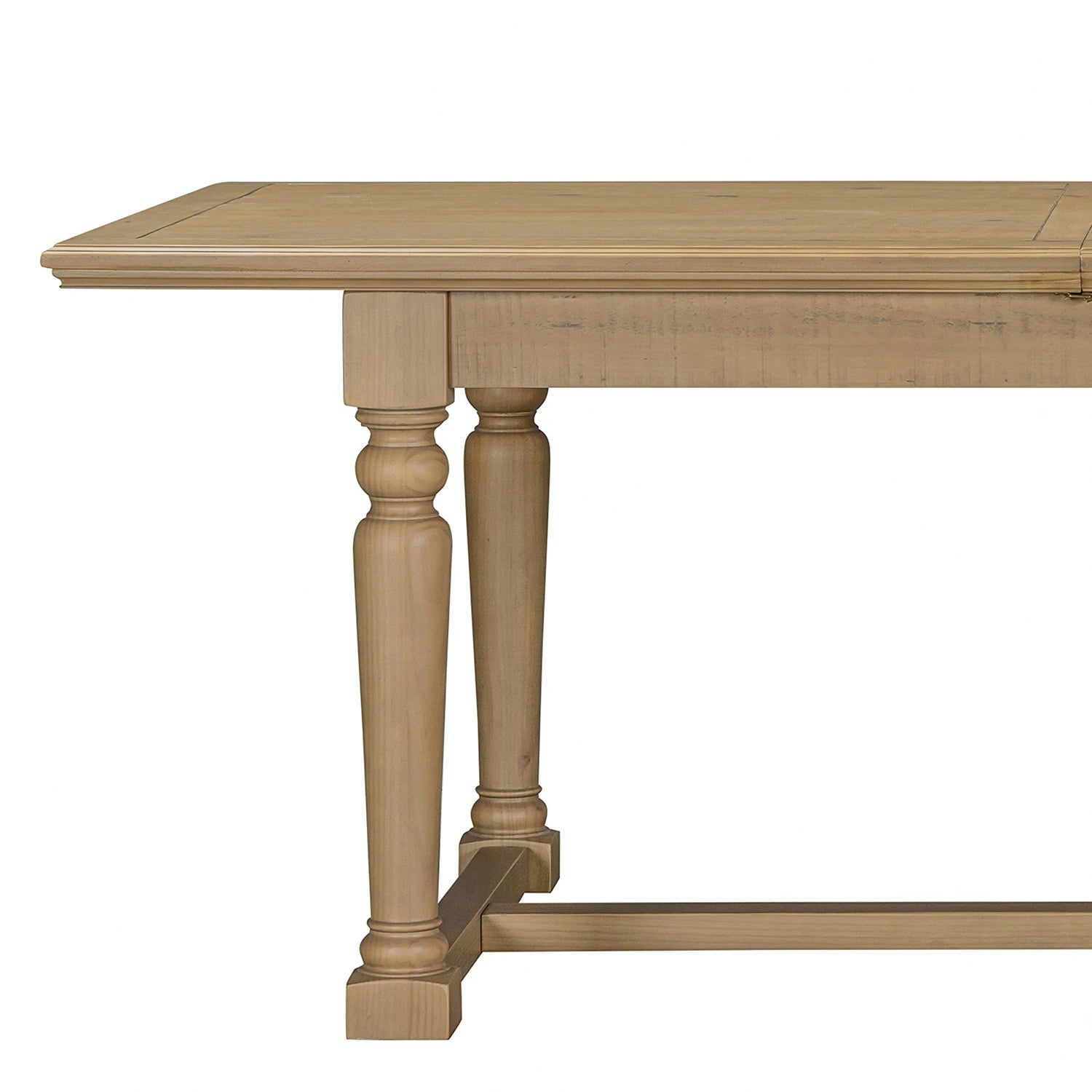 Close up of Chateau Rustic dining table  Solid pine extending dining with timeless farmhouse style.