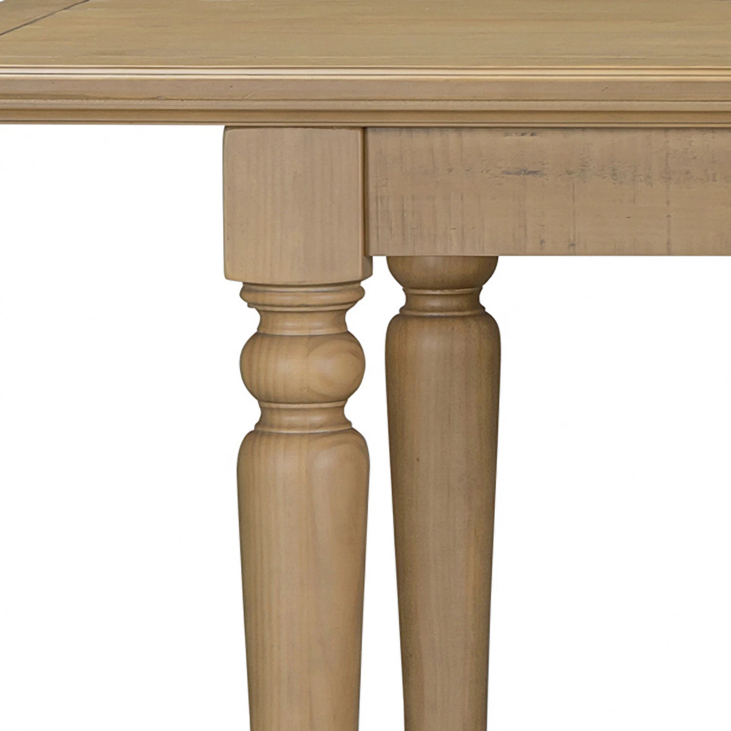 Close up of Chateau Rustic dining table  Solid pine extending dining with timeless farmhouse style.