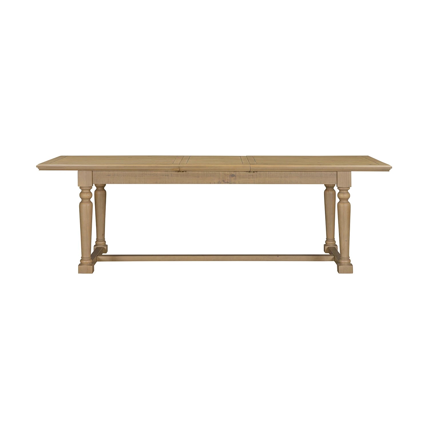 A light natural wood dining table with turned legs and a stretcher base, shown from a front angle on a solid white background.