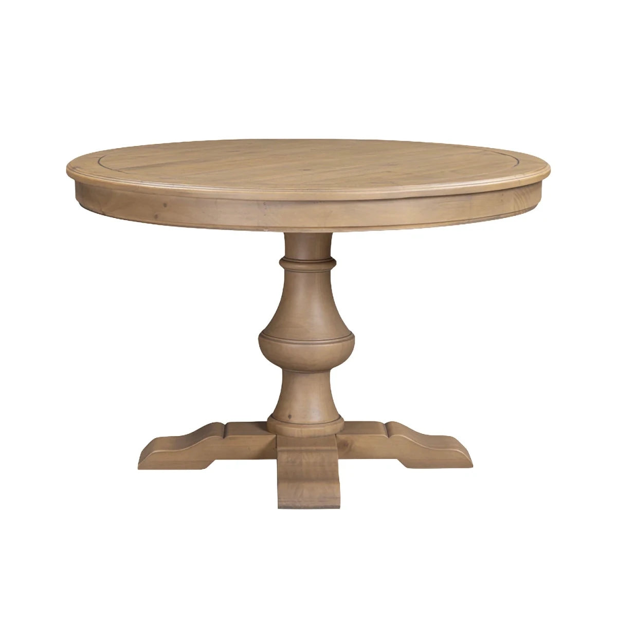 A round Pine pedestal dining table with a light natural wood finish, featuring a turned central pedestal base and a four-leg footed pedestal design, shown on a plain white background.