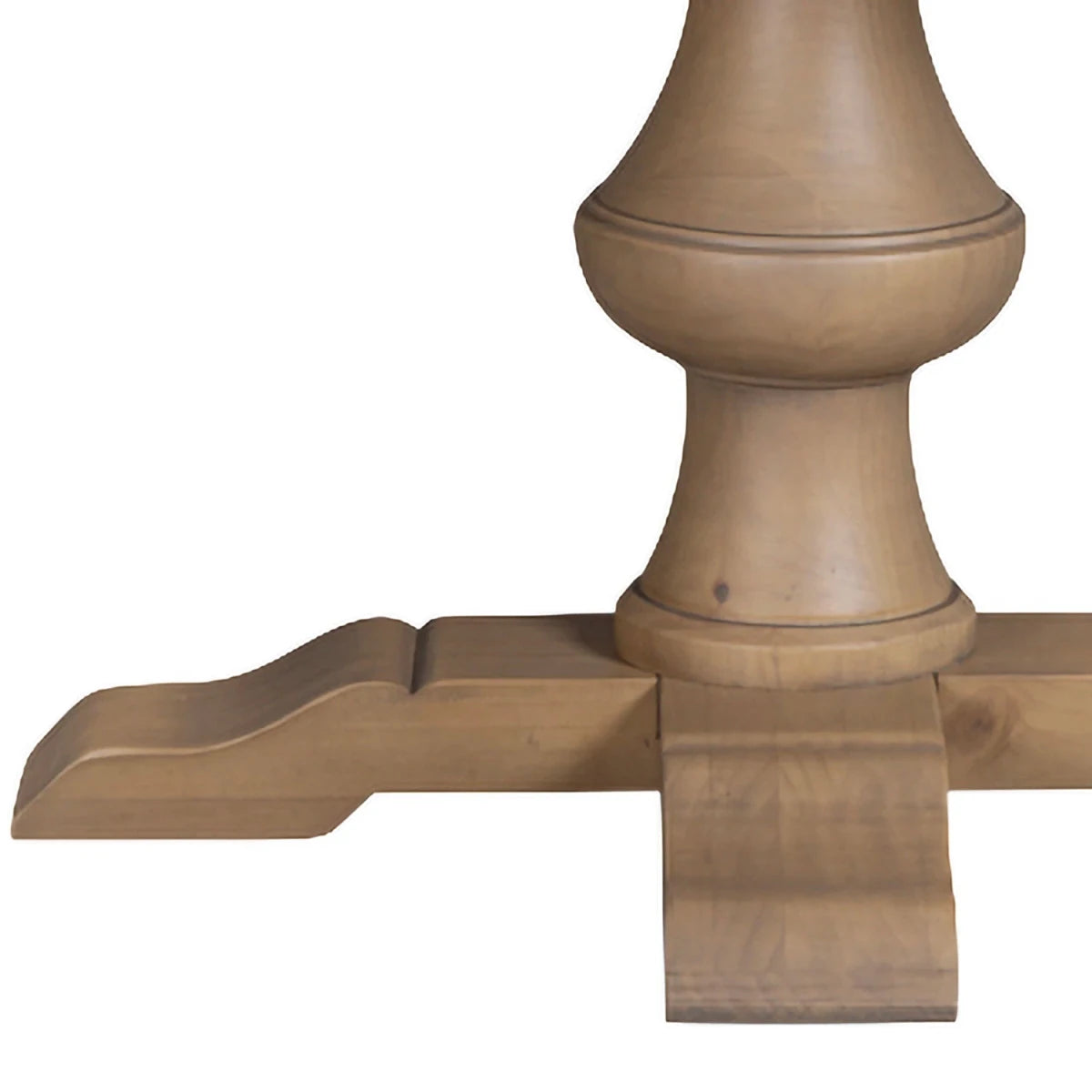 Close-up of a wooden table pedestal base and cross support leg in a light natural oak finish, shown against a plain white background.