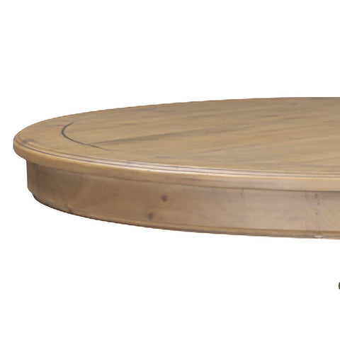 Close-up of a round wooden table top with a light natural wood finish and visible wood grain, shown against a plain white background.