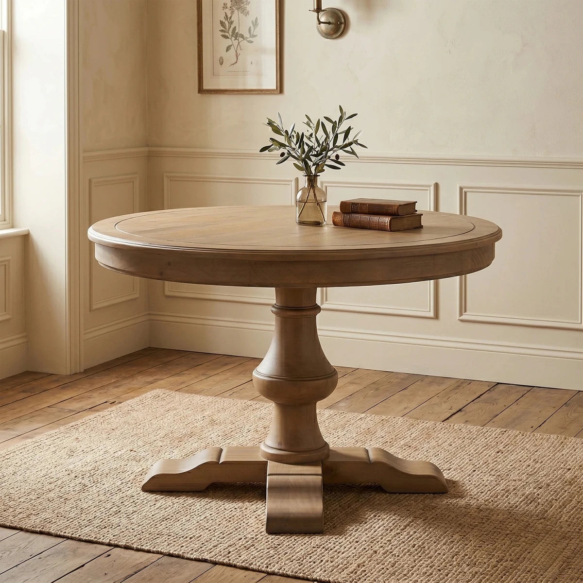 A round pedestal Chateau Pine dining table in a warm light oak finish, styled in a classic room with cream wainscoting, a woven rug, and a small vase of greenery on top.