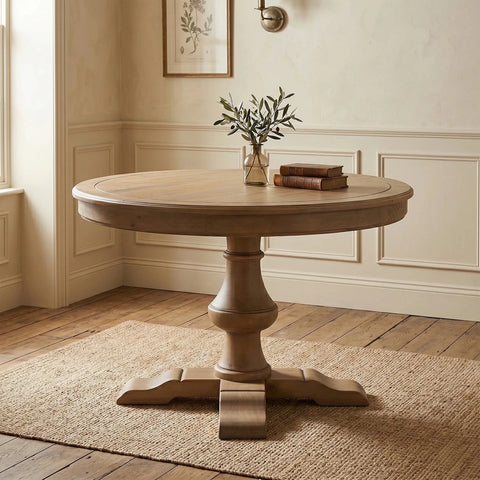 A round pedestal Chateau Pine dining table in a warm light oak finish, styled in a classic room with cream wainscoting, a woven rug, and a small vase of greenery on top.
