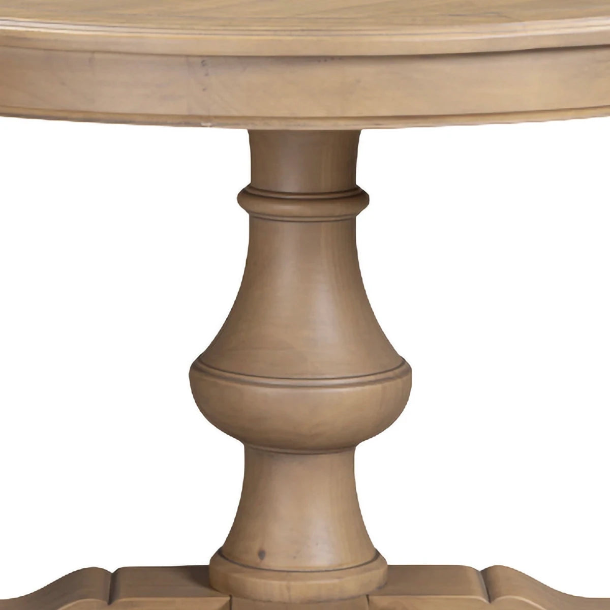 Close-up of a round wooden table with a turned pedestal base in a light natural wood finish, isolated on a white background.