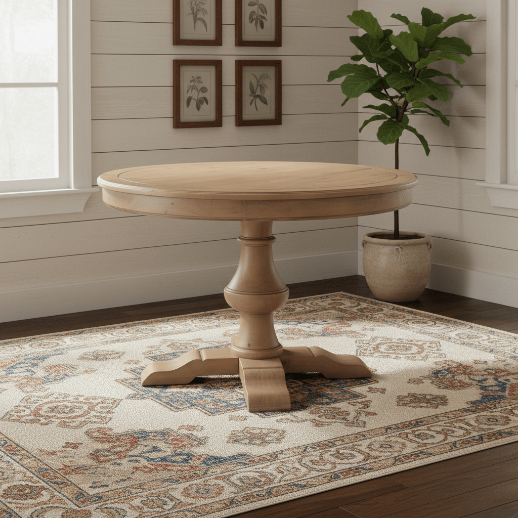 A round natural wood pedestal dining table with a carved turned base and four legs, shown in a styled room setting on a patterned area rug next to a potted plant.