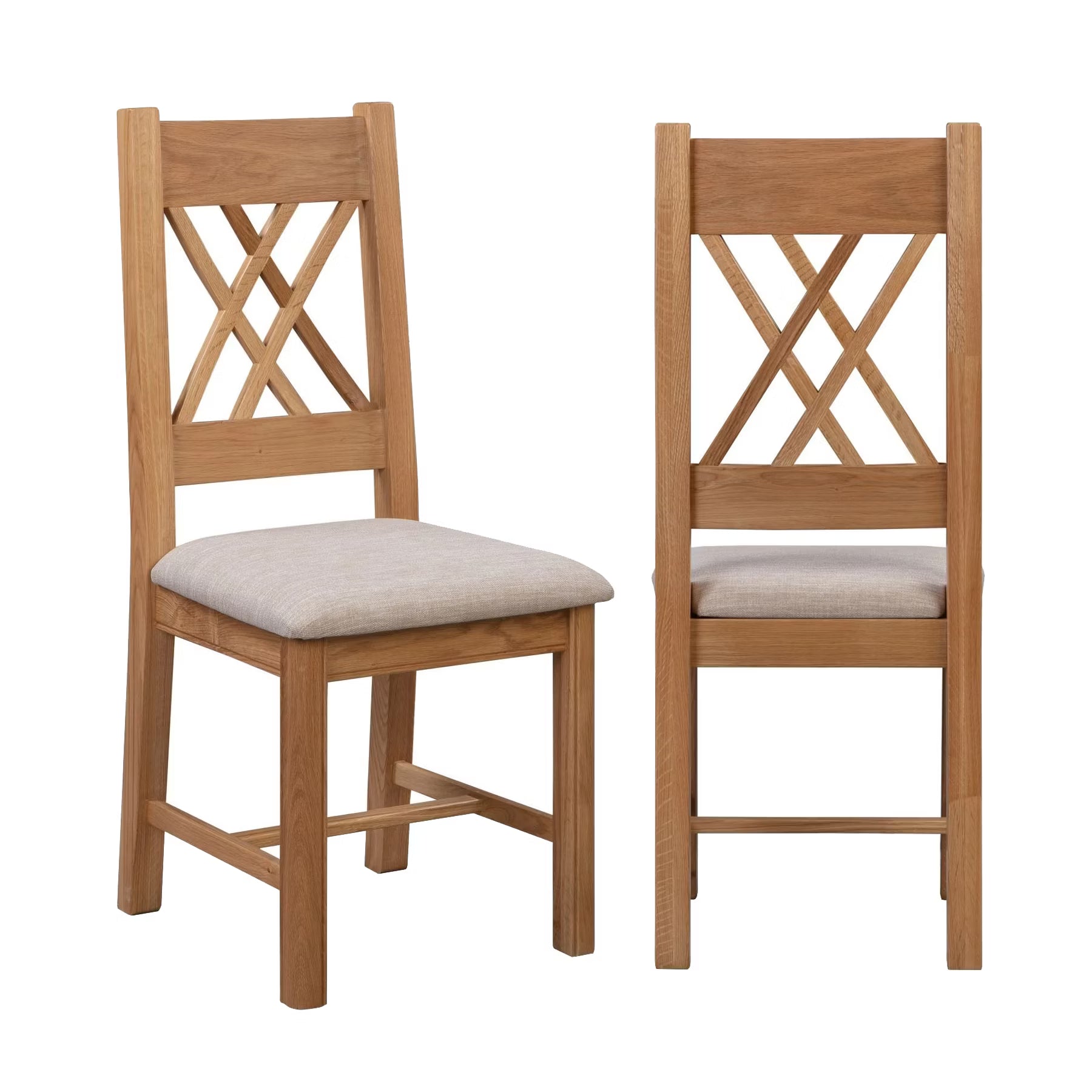 Two wooden dining chairs with light beige upholstered seats, shown from the front and side against a plain white background.