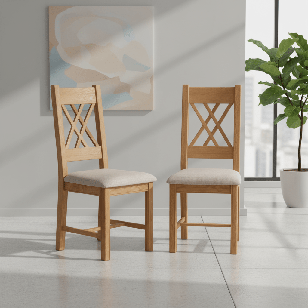 Two light oak dining chairs with cream upholstered seats and crossed backrests, shown in a bright modern room with a plant and abstract wall art.