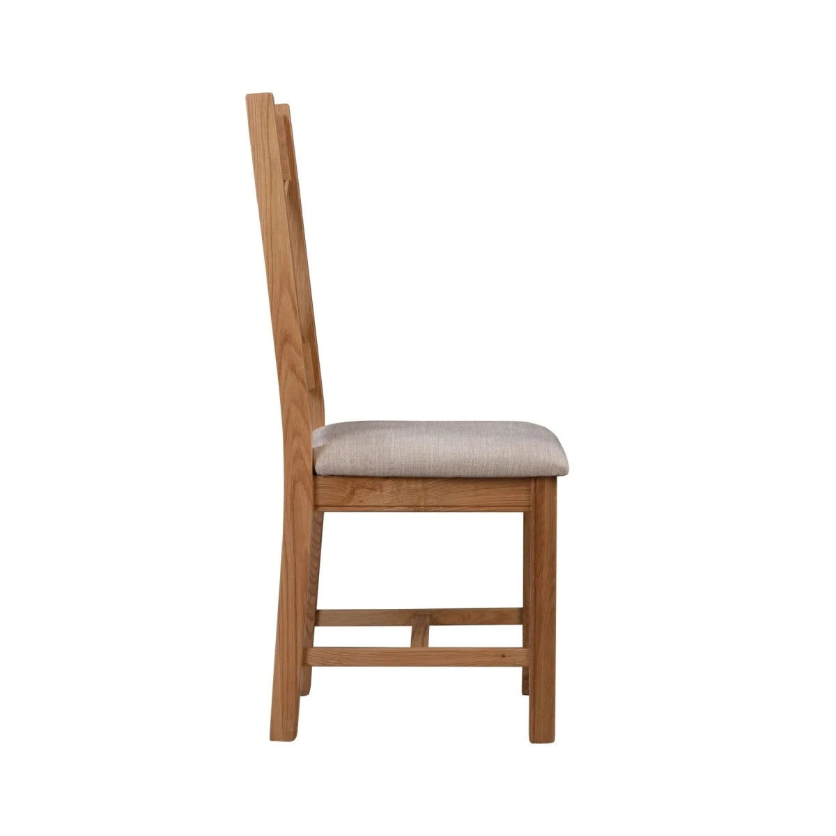 A wooden dining chair with a tall slatted backrest and a light beige upholstered seat cushion, shown from the side against a plain white background.