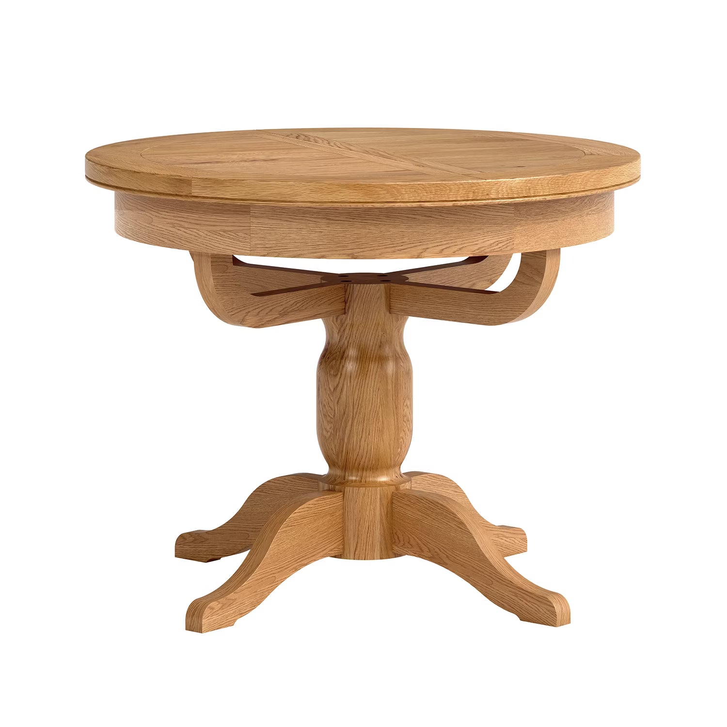 A round wooden pedestal table with a natural oak finish, featuring a curved apron and four curved legs on a solid white background.