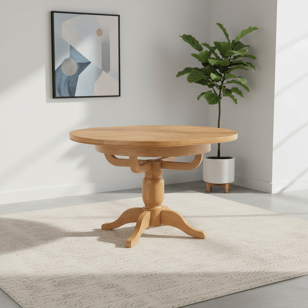 A round wooden pedestal Extending dining table with a natural oak finish, featuring a five-star base and a central apron
