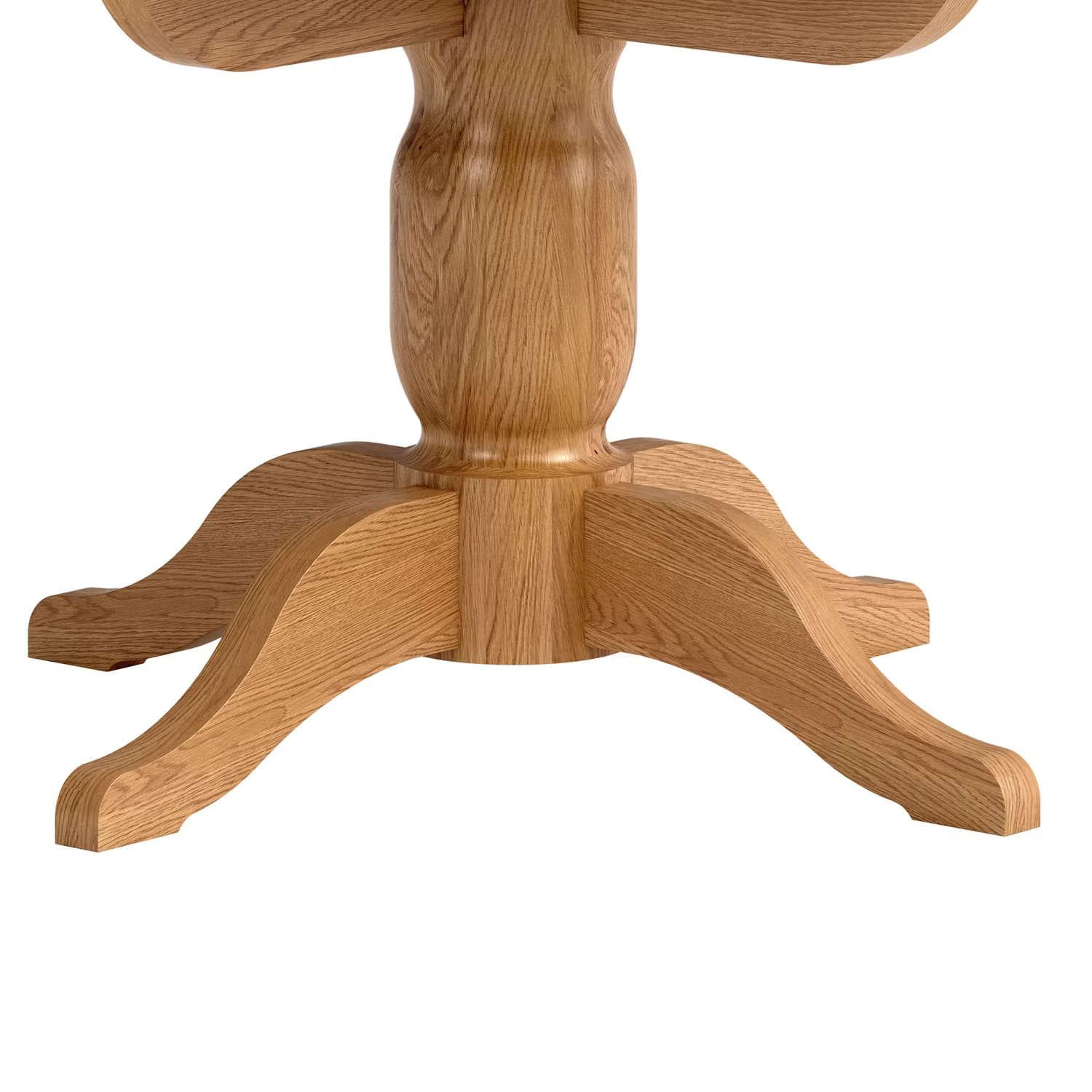 Close-up of a wooden pedestal table base with curved legs and visible oak wood grain on a white background.