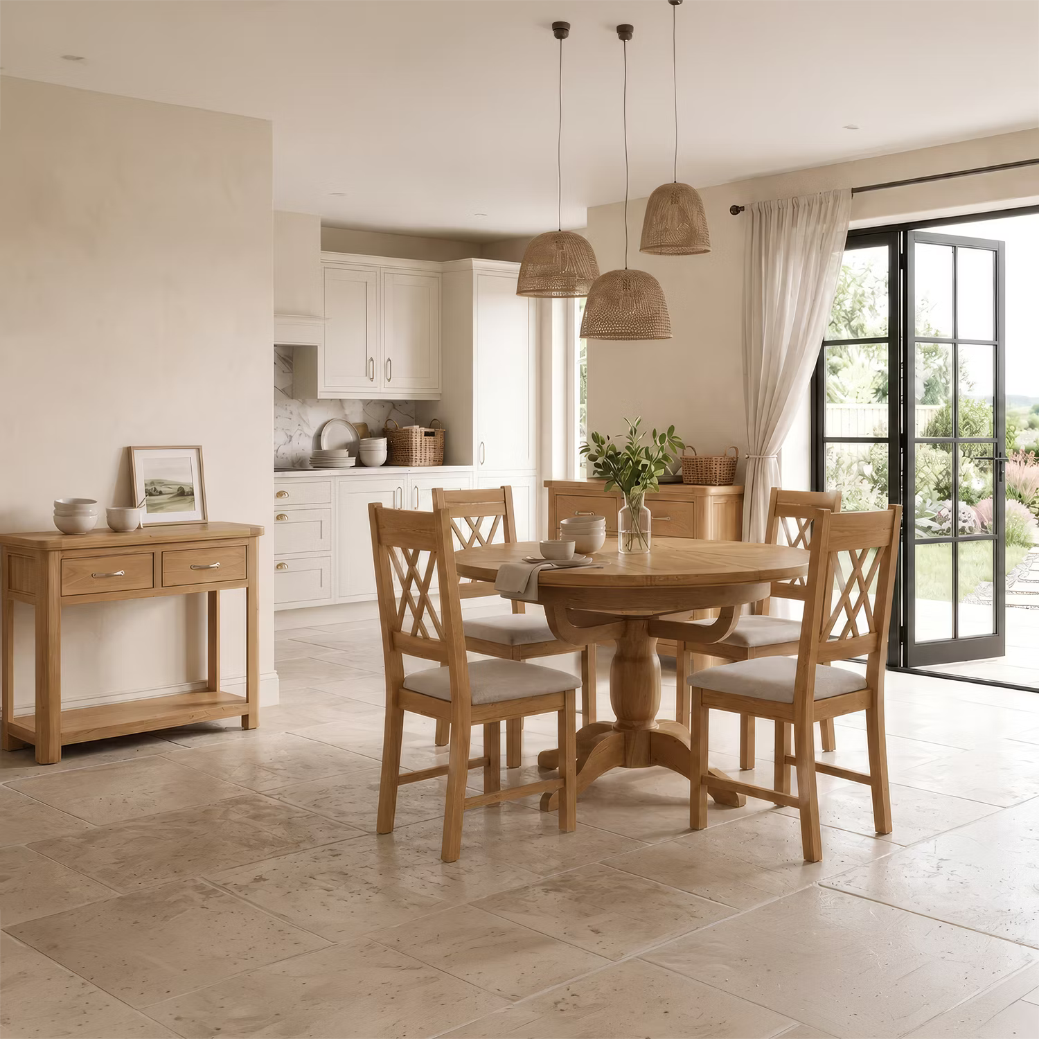 Shop the Chatsworth oak round extending dining table with 4 chairs. Includes a pedestal table with extension leaf and matching cross-back oak dining chairs.