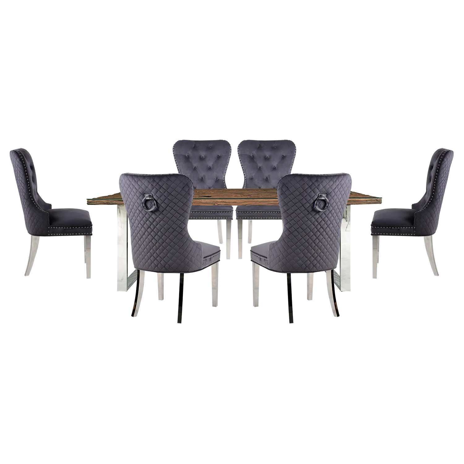 Chennai Railway Sleeper Dining Table with Chennai Quilted Chairs - 180cm - Table with Grey Quilted Back Chairs