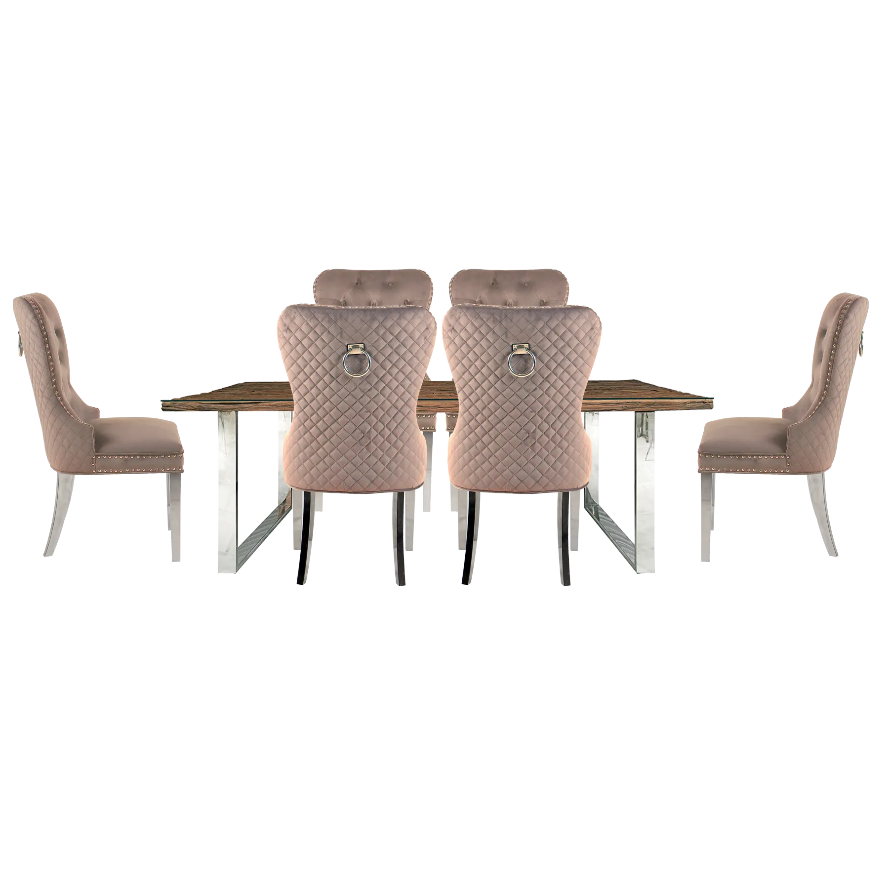 Chennai Railway Sleeper Dining Table with Chennai Quilted Chairs - 180cm - Table with Taupe Quilted Back Chairs