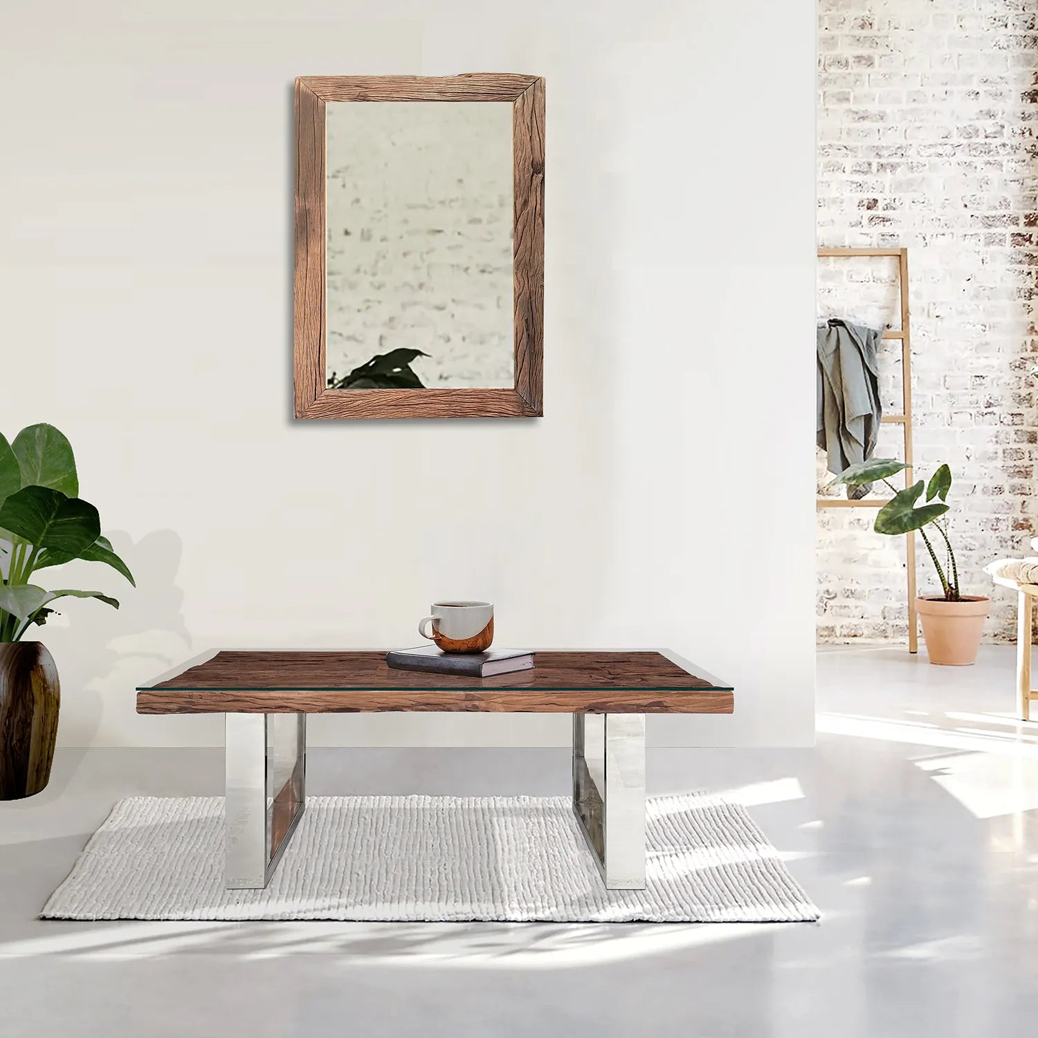Chennai Railway Sleeper Wood Coffee Table, Matching Furniture Available - Lifestyle Image
