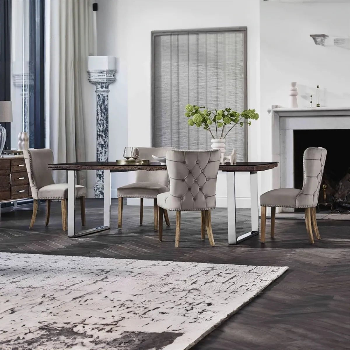 220cm Noir Dining Table with U - Shaped Legs and 6 Upholstered Chairs - Pendle Village Furniture