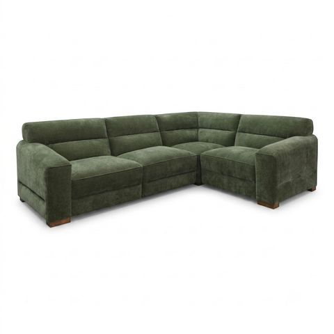 An L-shaped sectional sofa upholstered in textured olive green fabric, shown from a three-quarter angle on a solid white background.