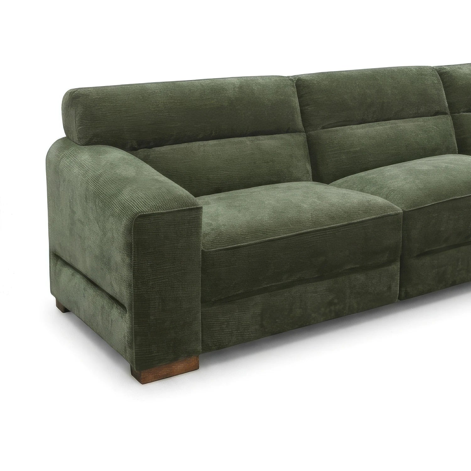 An olive green corduroy sofa with a modern low-profile design and light wood block feet, shown from a three-quarter angle on a white background.