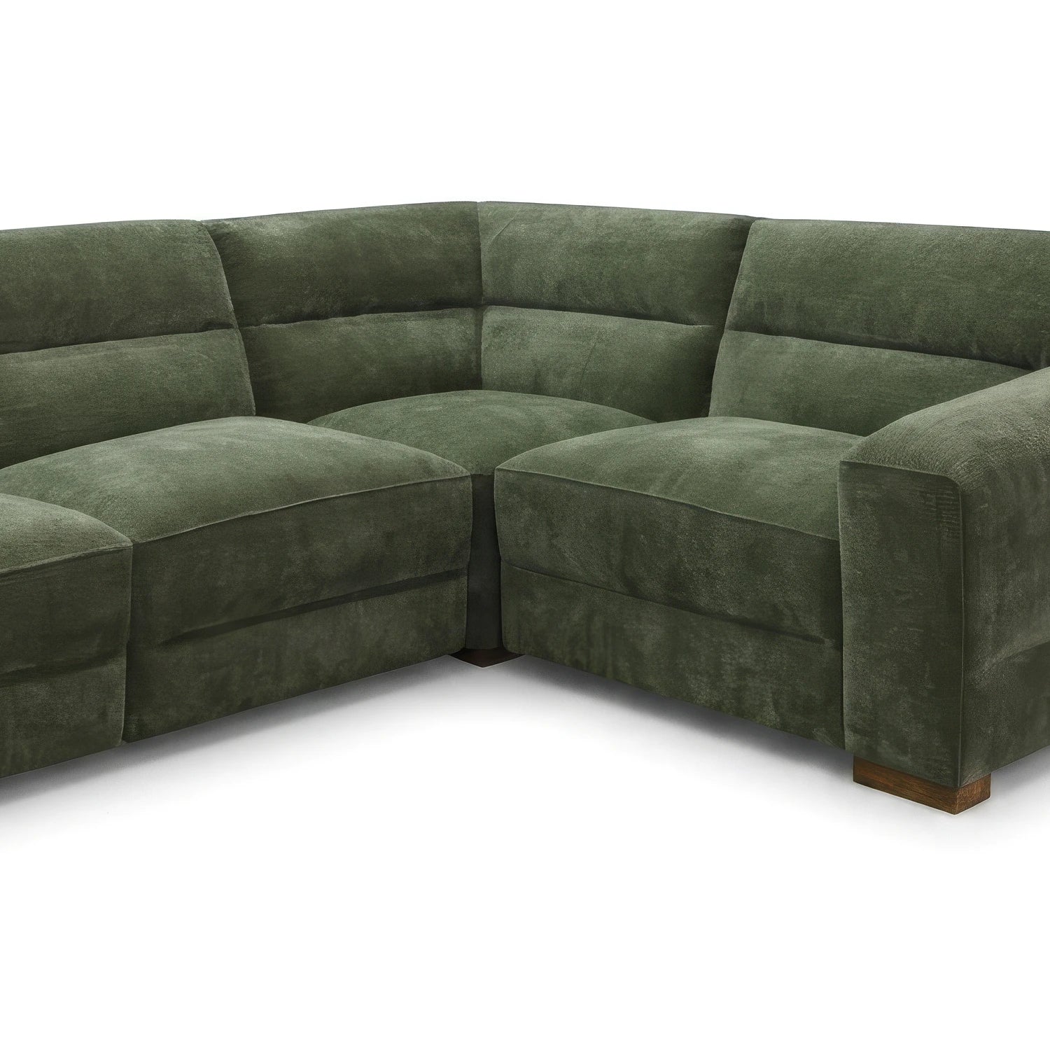 An L-shaped sectional sofa upholstered in textured olive green fabric, shown from a three-quarters angle on a white background.