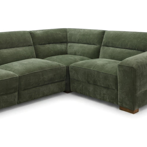 An L-shaped sectional sofa upholstered in textured olive green fabric, shown from a three-quarters angle on a white background.