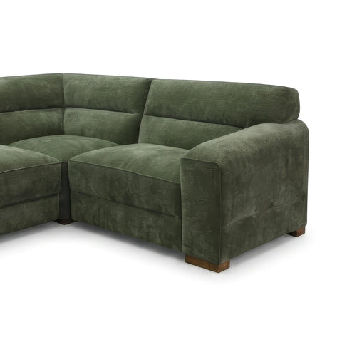 An olive green sectional sofa with a textured velvet-like fabric, shown from a three-quarter angle on a plain white background.