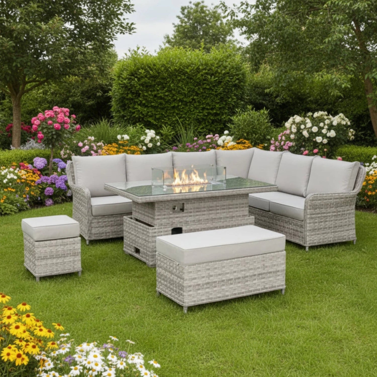 Modern right-hand L-shaped garden sofa set with rattan-style finish.