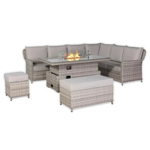 Contemporary right-shape patio seating set with deep cushions.