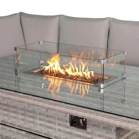 Outdoor fire table combining warmth, ambience, and dining function.