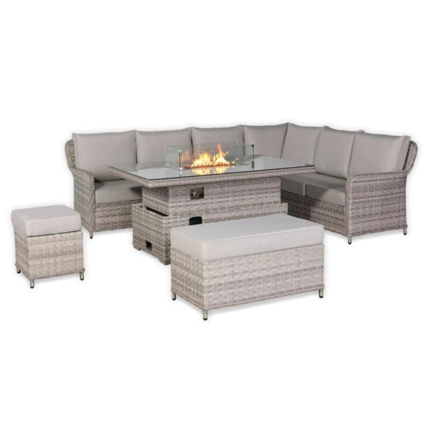 Rattan-style corner seating with modern design and soft cushions.