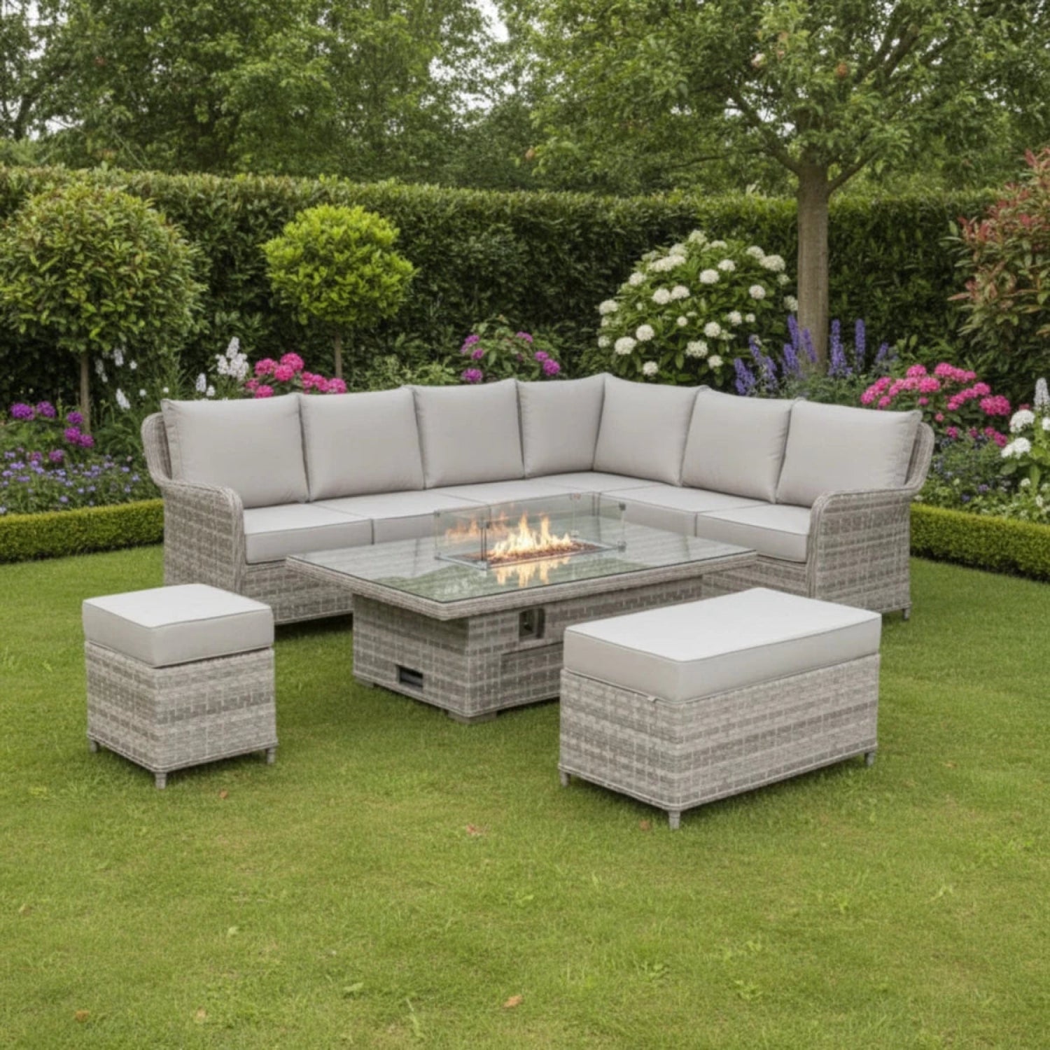 Modern right-hand L-shaped garden sofa set with rattan-style finish.