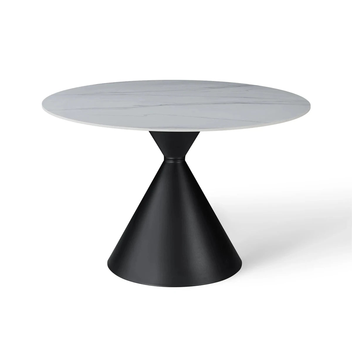 Round table with a white marble top and black base on a white background