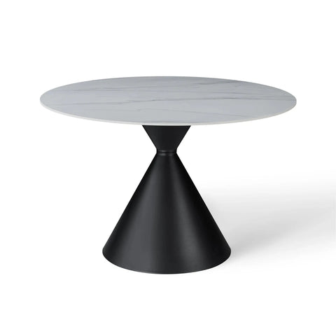 Round table with a white marble top and black base on a white background