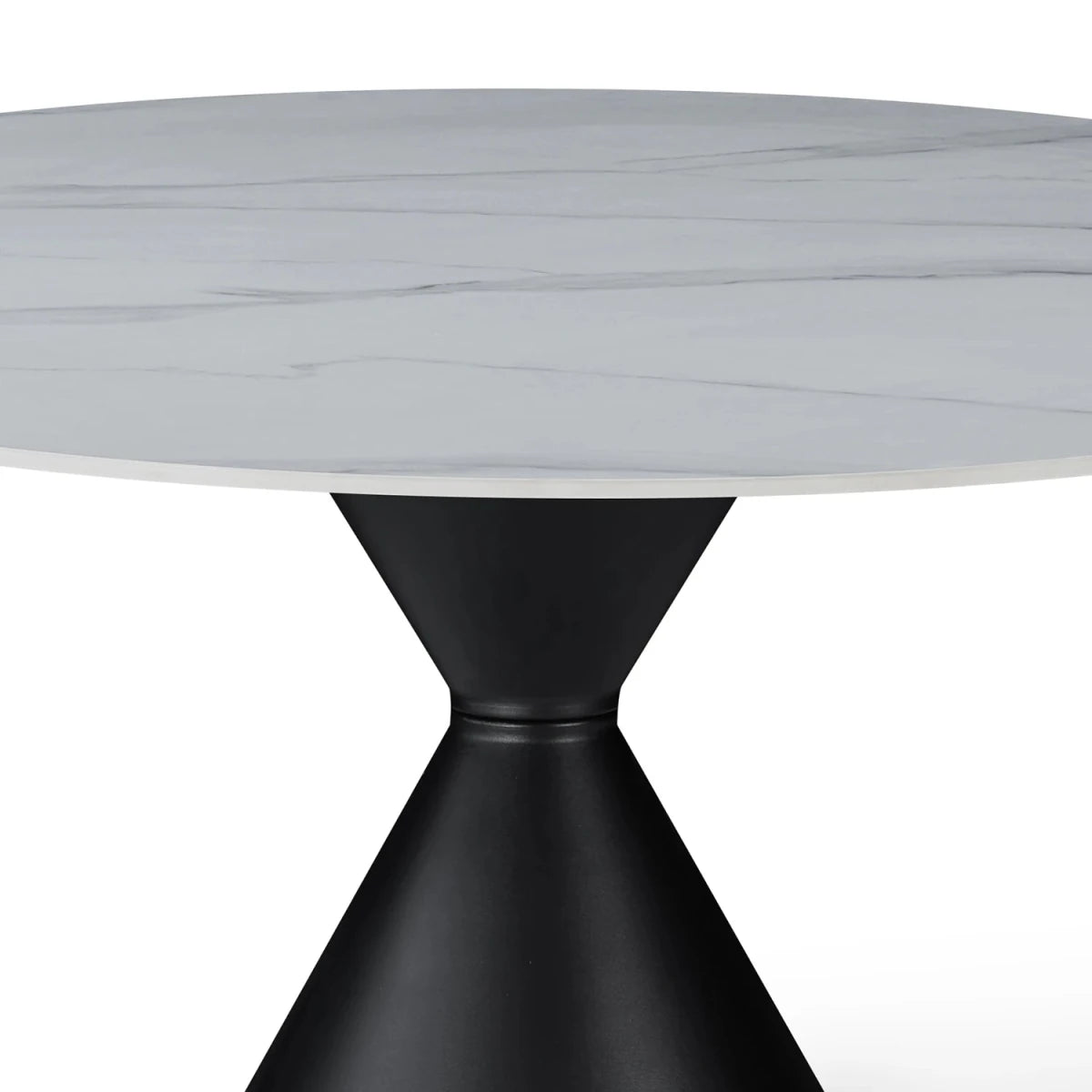 Round table with marble-like top and black base on a white background