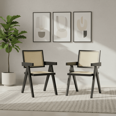 Cody Black Wood and Neutral Rattan Dining Armchair – Set of 2