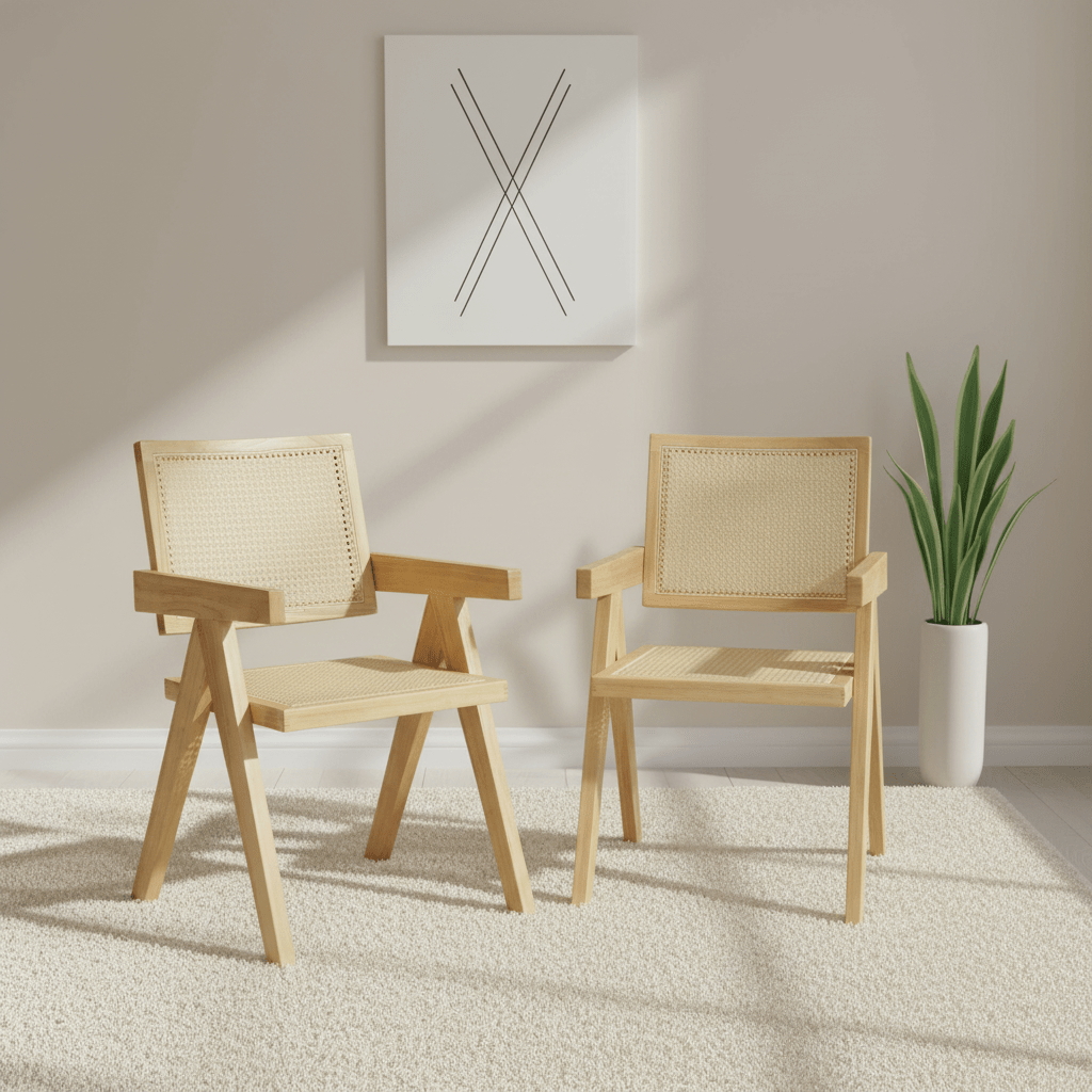 Cody Natural Wood and Neutral Rattan Dining Armchair – Set of 2