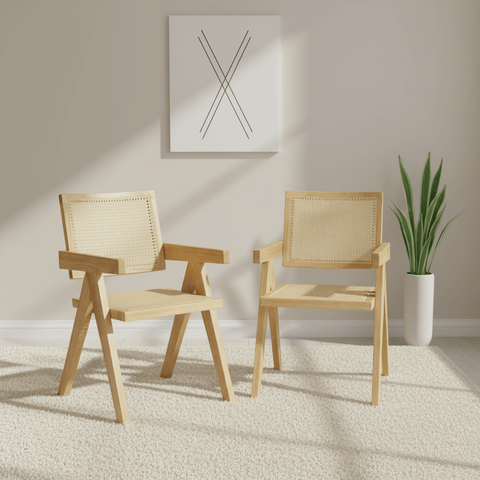 Cody Natural Wood and Neutral Rattan Dining Armchair – Set of 2