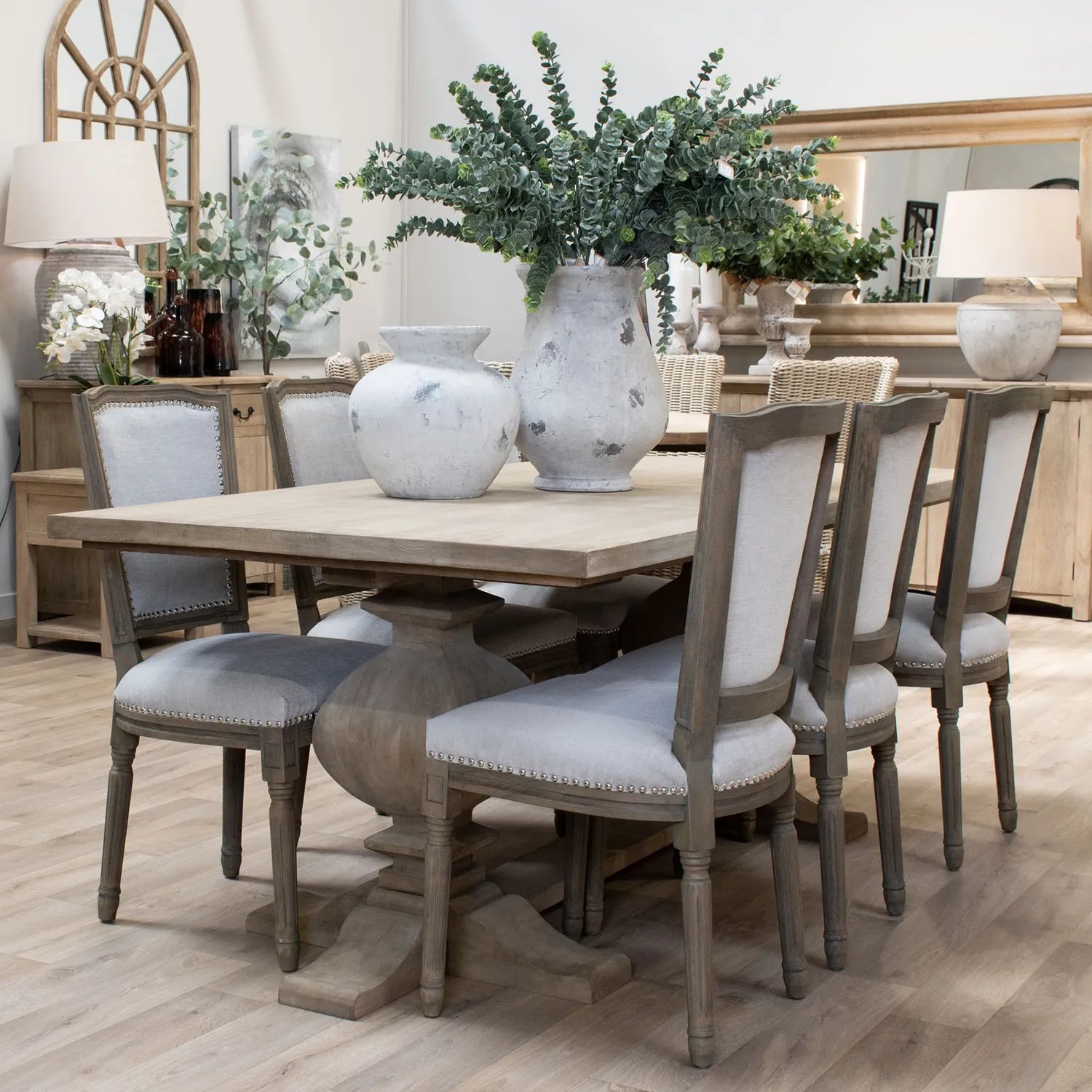 Copgrove Luxury Dining Set – Bleached Hardwood Table & 6 Éloise Grey Chairs - Pendle Village Furniture