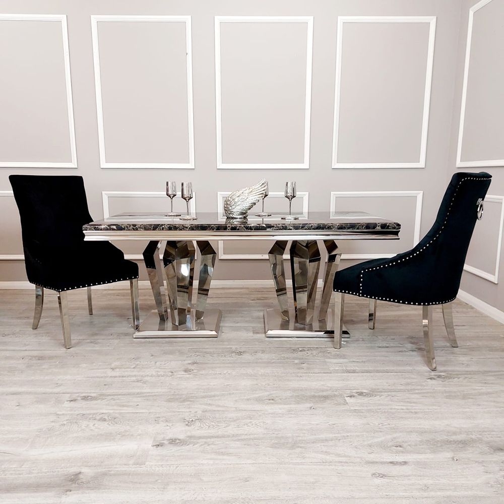 Antibes 1.8M Black Marble and Chrome Dining Table Oliver Lion Knocker Chairs Set - Front View