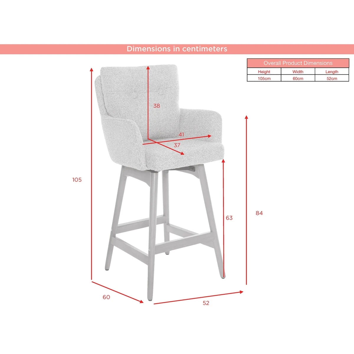 Premium Quality Cotswold Fabric Blush Granite Fabric Upholstered Counter Stools  with Wood effect Legs, shown with red dimension arrows and labels indicating height, width, and depth measurements, plus a small product dimensions table on a white background.