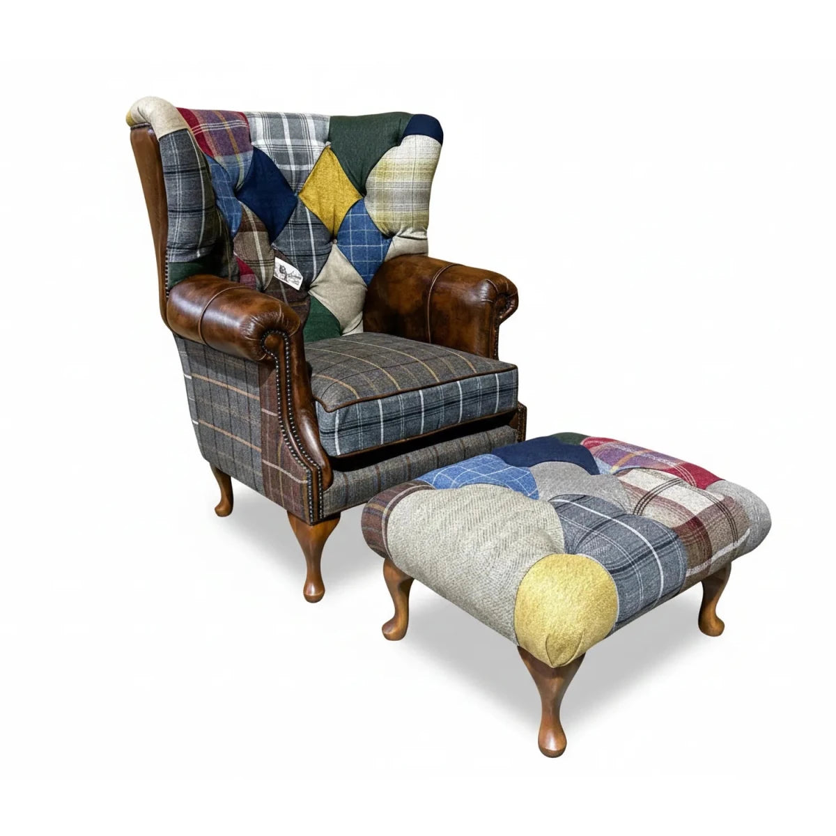 Cotswold Coloured Patchwork with Antique Tan Leather High Round Back Wing Chair