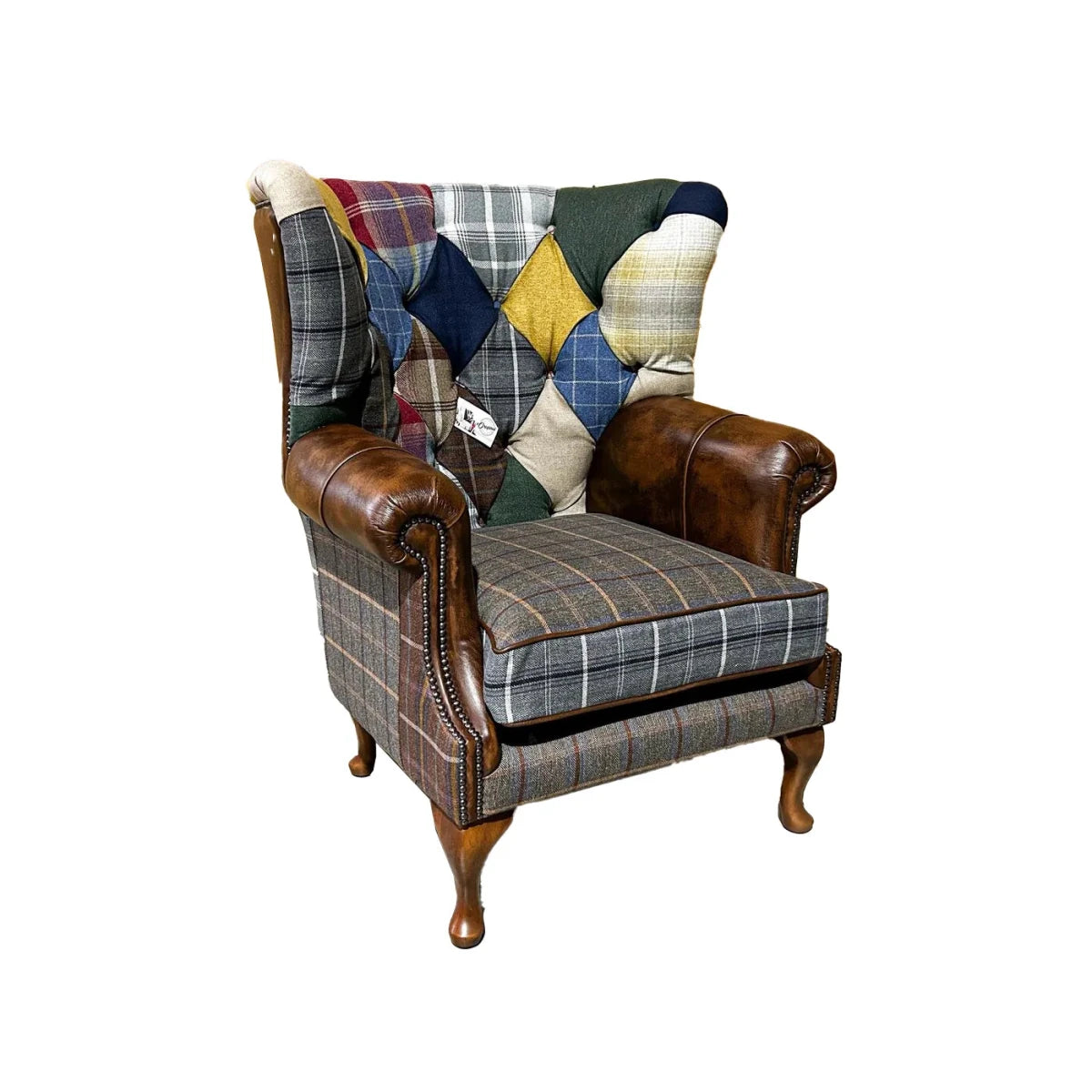 Cotswold Coloured Patchwork with Antique Tan Leather Wing Chair