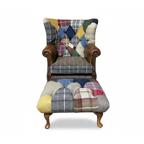 Cotswold Coloured Patchwork with Antique Tan Leather High Round Back Wing Chair with Stool