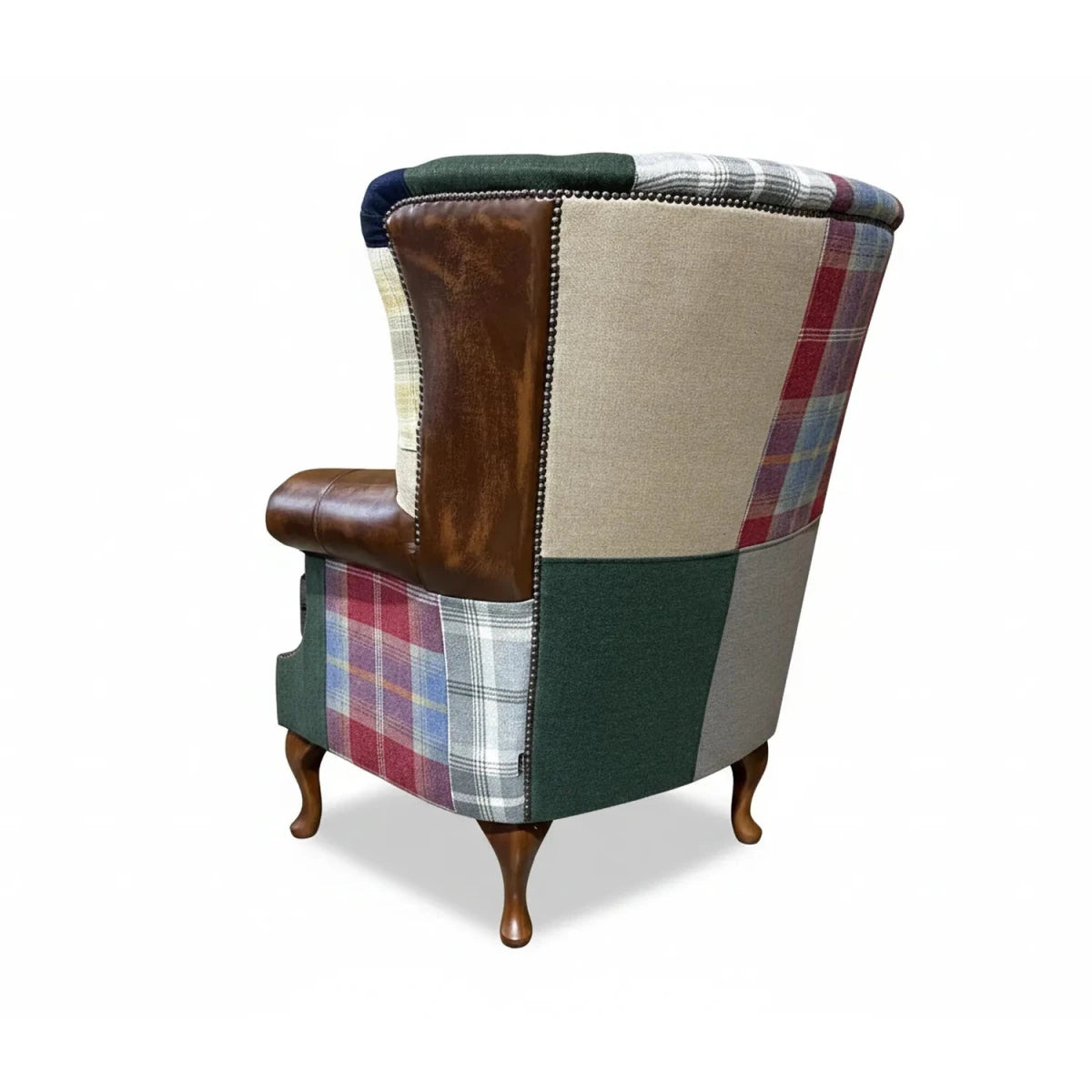 British Made Cotswold Coloured Patchwork with Antique Tan Leather High Round Back Wing Chair
