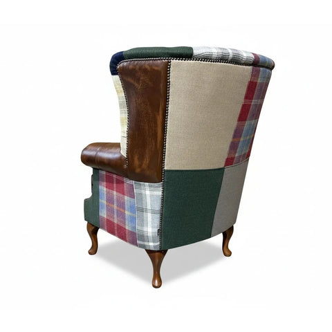 British Made Cotswold Coloured Patchwork with Antique Tan Leather High Round Back Wing Chair