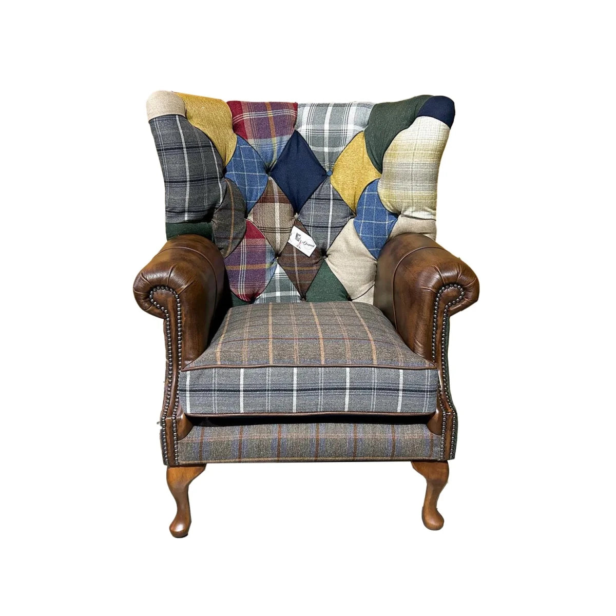 Cotswold Coloured Patchwork with Antique Tan Leather High Round Back Wing Chair - Front