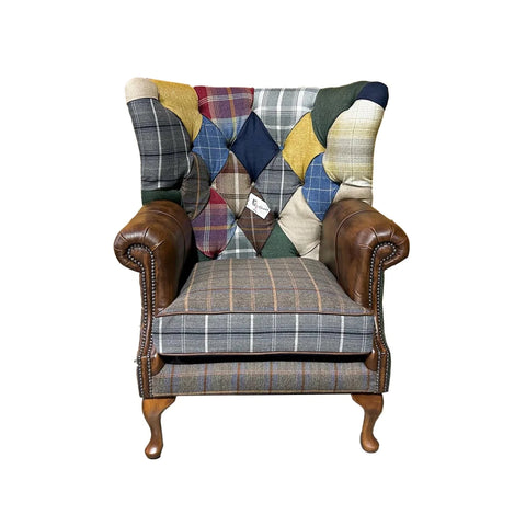 Cotswold Coloured Patchwork with Antique Tan Leather High Round Back Wing Chair - Front