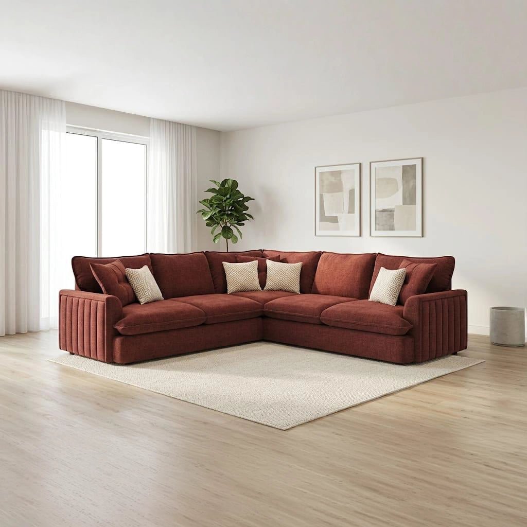 Stylish modern fabric sofa with soft upholstery, deep comfortable seating, plush back cushions, and sleek black feet.