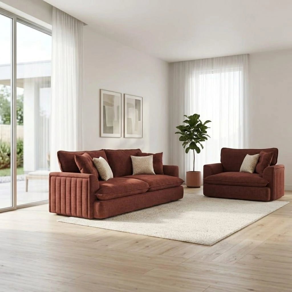Modern 3-seater fabric sofa with soft upholstery, deep comfortable seating, plush back cushions.