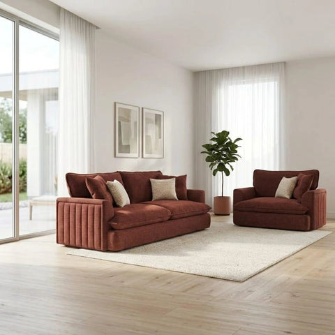 Modern 3-seater fabric sofa with soft upholstery, deep comfortable seating, plush back cushions.